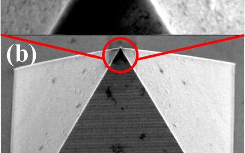 (a) Structural change in the tip at the apex of (N)UNCD PTC after irradiation with femtosecond laser with the pulse length of 150 fs and central wavelength of 800 nm (b) (N)UNCD PTC showing laser-induced periodic surface structures (LIPSS) on the pyramid face exposed to the incident laser. The LIPSS were oriented perpendicular to the direction of the electric field of the incident laser with a spatial period of the order of 800 nm.