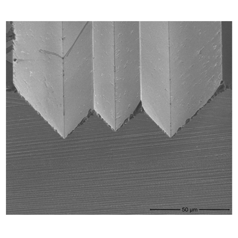 Images of the wet-etched gold-coated nano-blade cathodes using scanning electron microscopy.